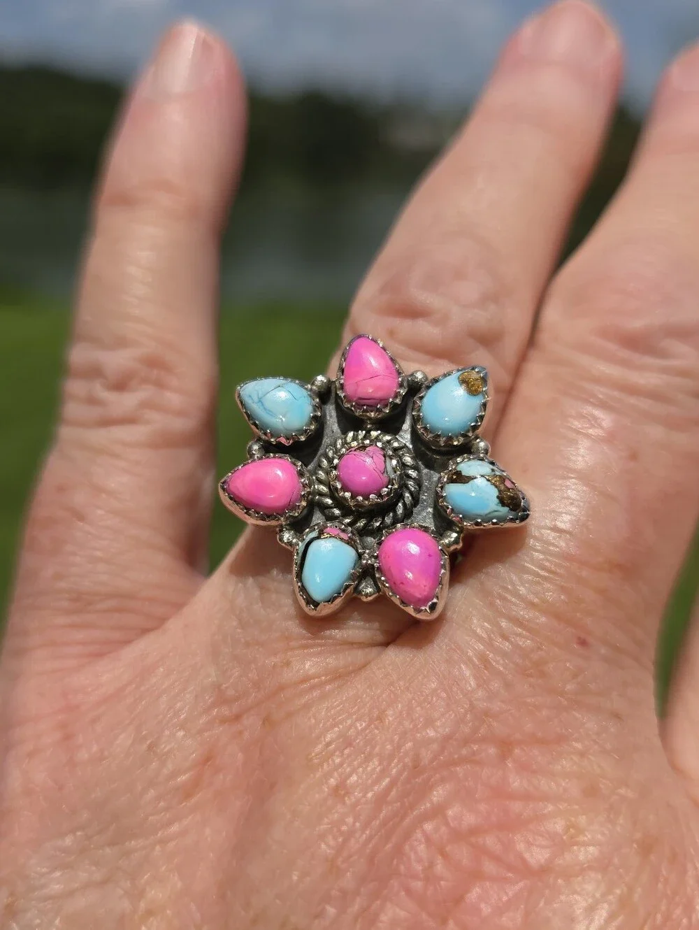 Cotton Candy Turquoise Gemstone Ring In 925 Sterling Silver (Adjustable)